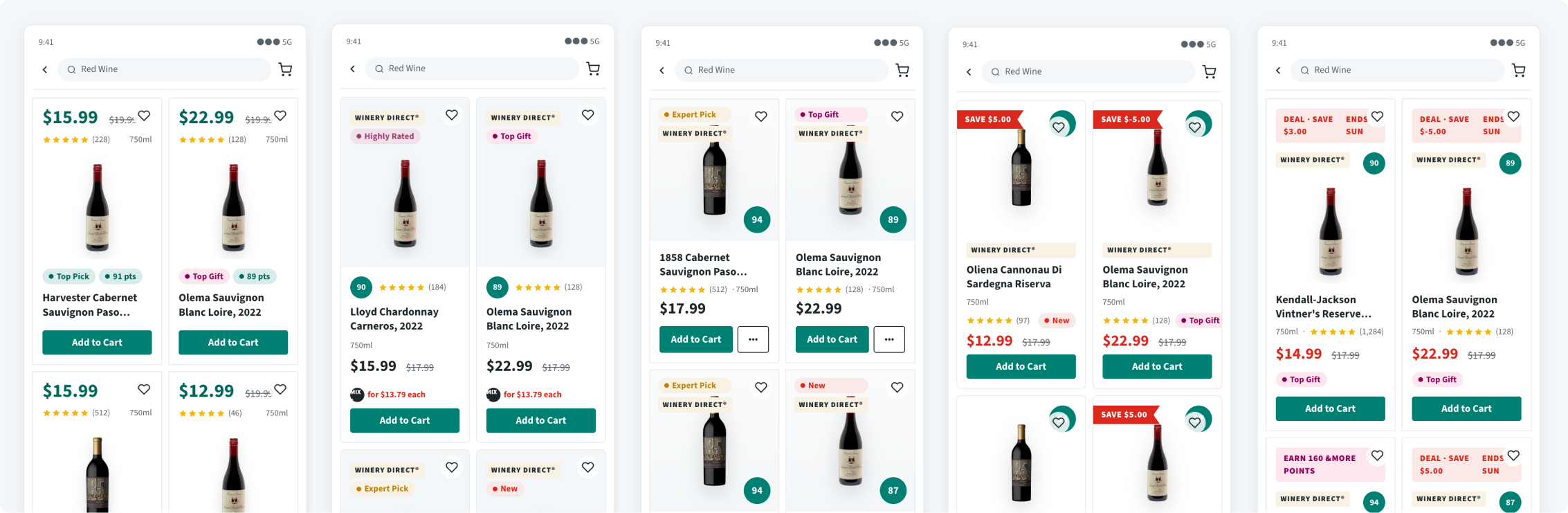 Five mobile screens comparing PLP tile treatments for red wine search results
