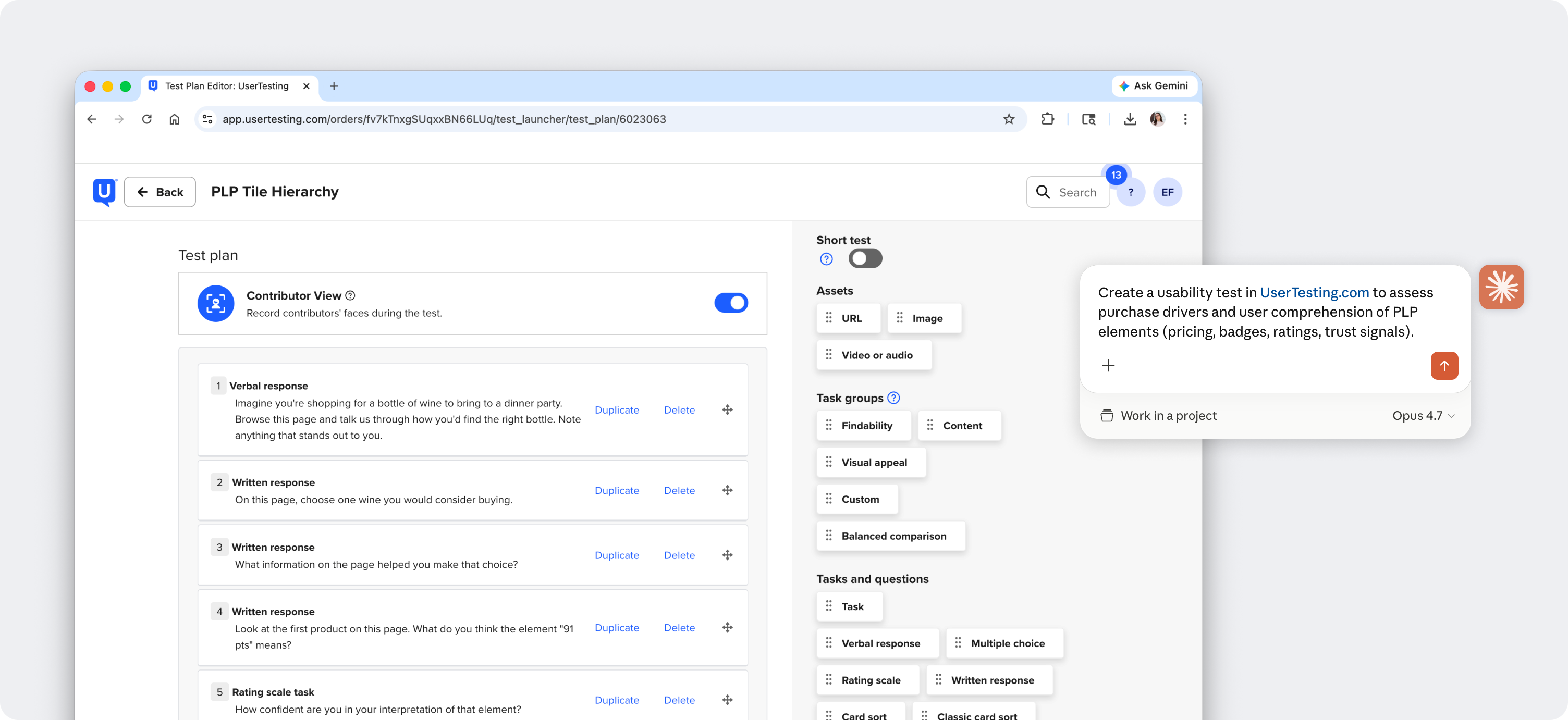 UserTesting test plan for PLP tile hierarchy with AI-generated tasks and questions