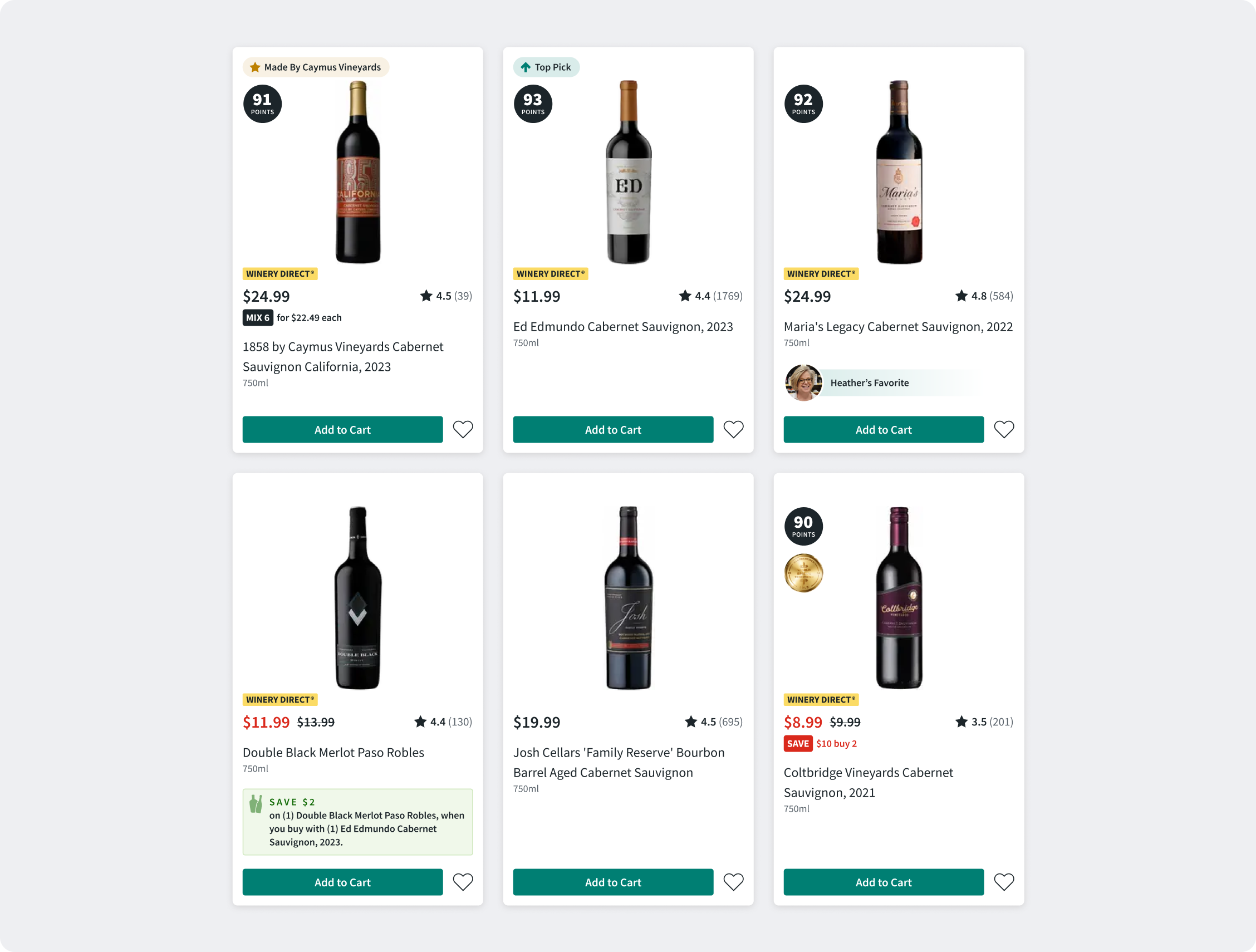 Grid of six redesigned wine product tiles showing consistent solution layout